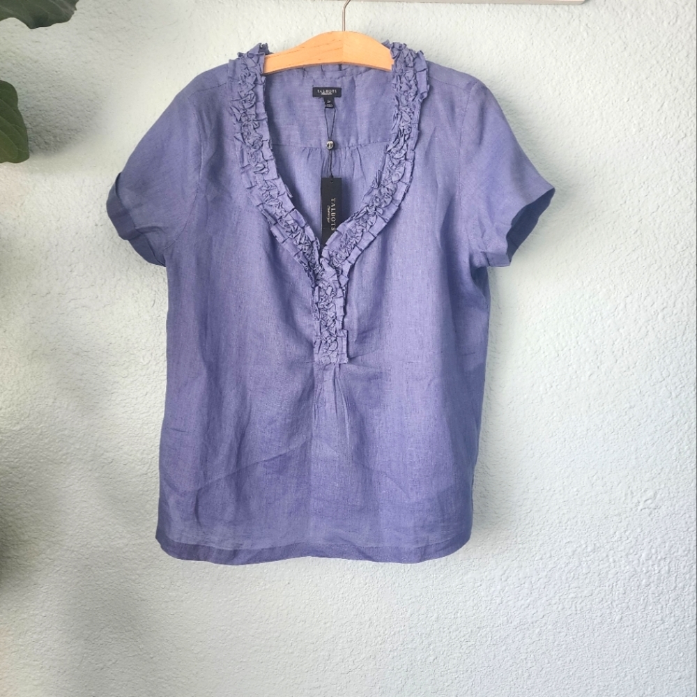 NWT Talbots 100% linen breeze blue short sleeve blouse